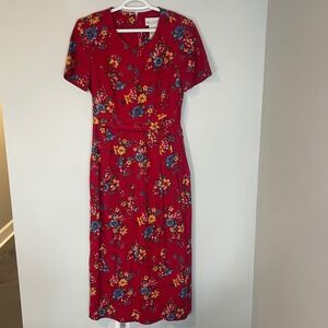 Miss Darby Red Floral Cottagecore‎ Dress Pleated Tie Waist Size 10 VTG Linen
